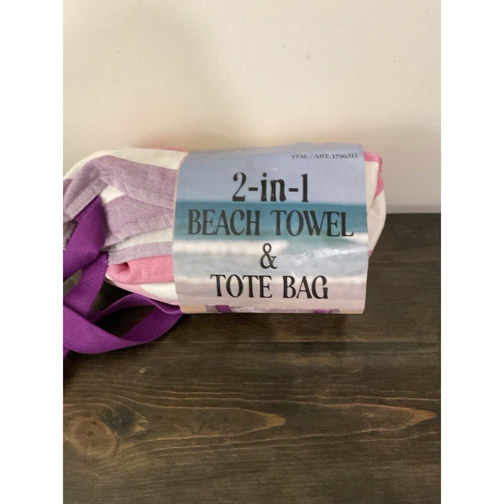 2-in-1 Beach Towel & Tote Bag, 100% Cotton, Striped, 40x72 Multicolor